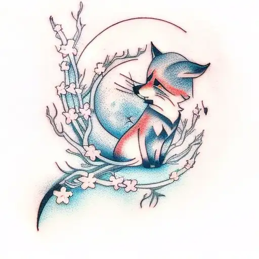 Fox With Cherry Blossom Tree And Crescent Moon