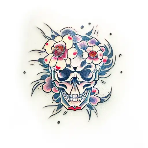 Japones Yin Yan Skull With Cherry Blossoms