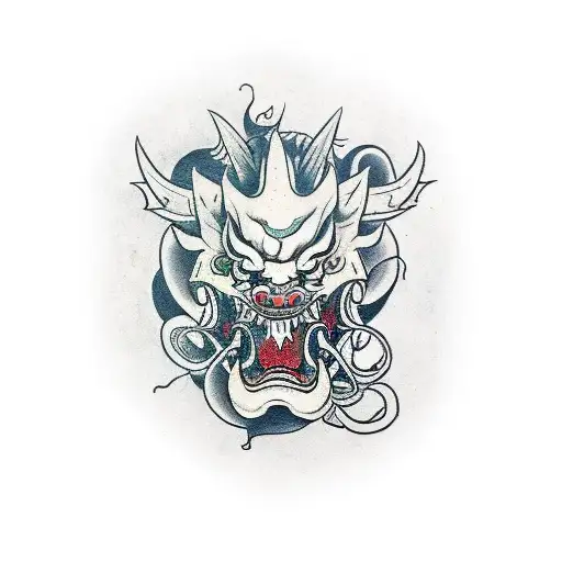 Bottom Half Of A Hannya Mask With A Japanese Dragon Wrapping Around It