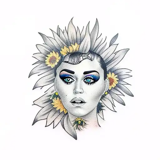 A Realistic Portrait Of Katy Surrounded By Sunflowers