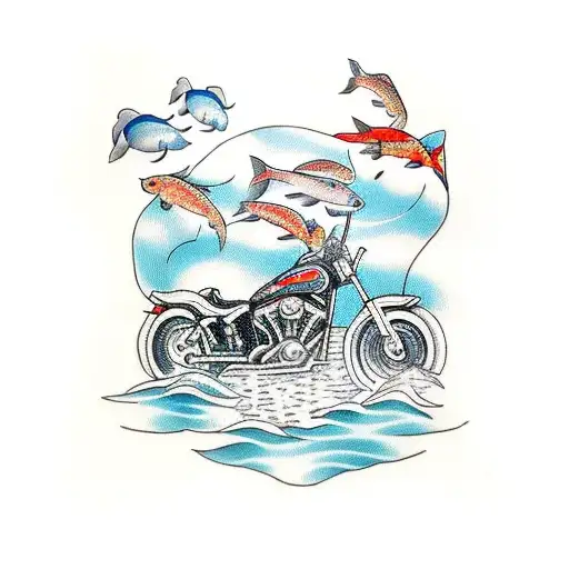 A Traditional Style Tattoo Of A Bike With Koi Fish Swimming In The Wheels