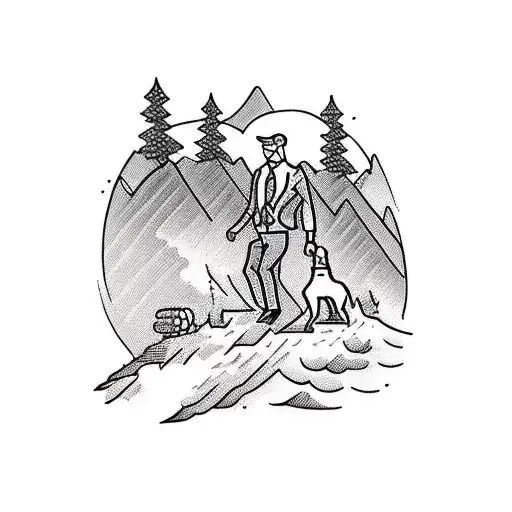 A Business Man Hiking Up A Mountain With A Dog By His Side