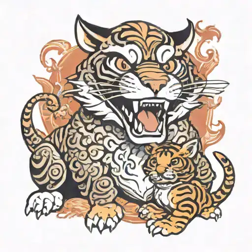 Chinese New Year Dog Protecting A Baby Dragon And Baby Tiger