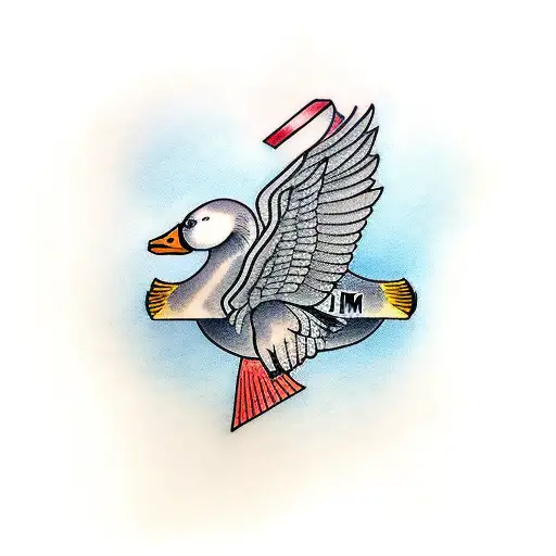Goose Flying With Letter M On Wing