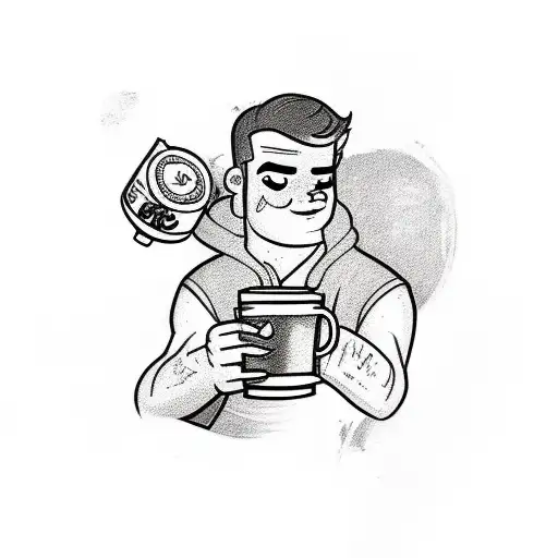A Sketch-style Tattoo Of Finn From Adventure Time Holding A Cup Of Coffee