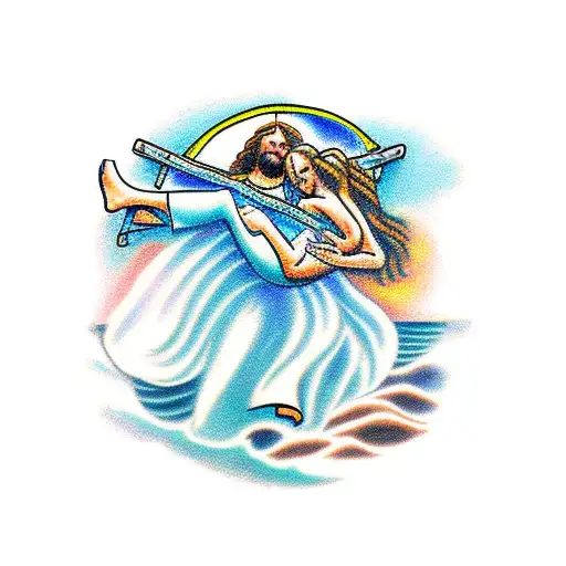 Jesus Carrying A Lady On The Shoreline