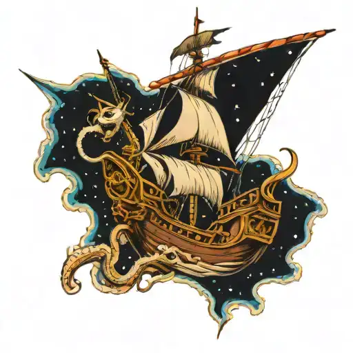 Tattoo Of A Pirate Ship In Space Being Hunted By A Giant Octopus