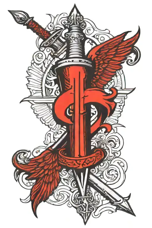 Semicolon Using Red Ink Tattoo Featuring A Combination Of A Sword And Wings