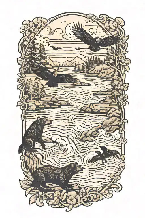 A Flock Of Birds Soaring Over A Tranquil River With Black Bears Fishing Along The Banks