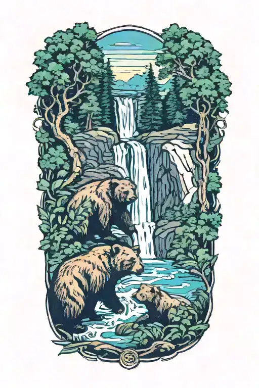 Bears At The Waterfall Surrounded By Lush Greenery