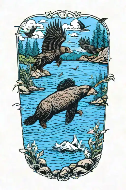 A Flock Of Birds Soaring Over A Tranquil River With Black Bears Fishing Along The Banks