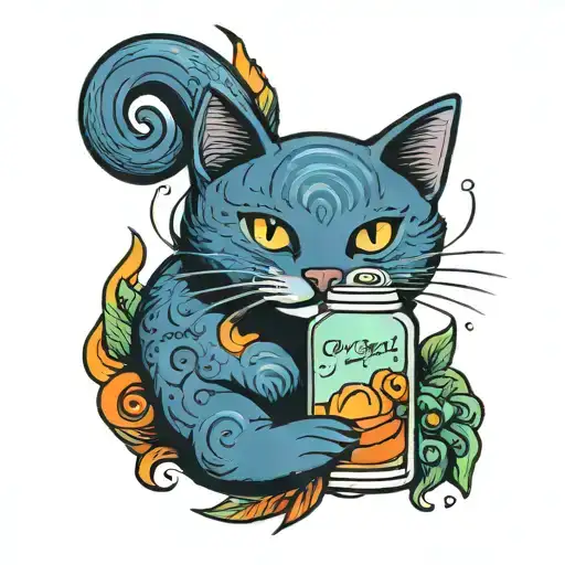 A Traditional Tattoo Of A Cat With A Colorful Hair Dye Bottle
