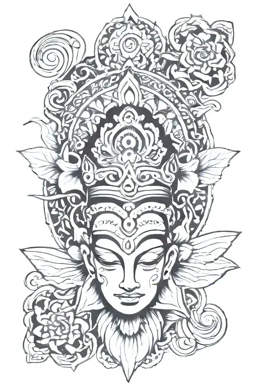 Peaceful Shivan Face Merged With Temple And Lotus And Snake