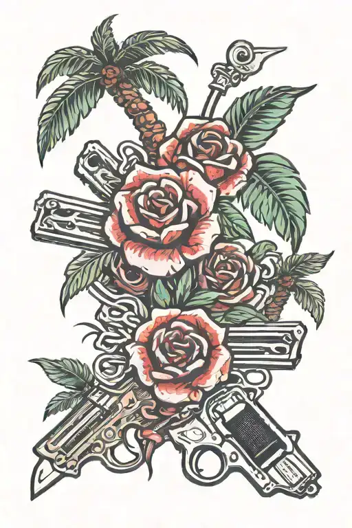 Palm Trees Money Guns Black And Red Rose Surrounded
