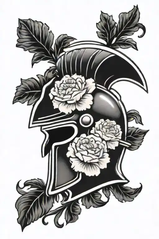 Spartan Helmet In Black And White With Pink Carnation Going Through The Middle