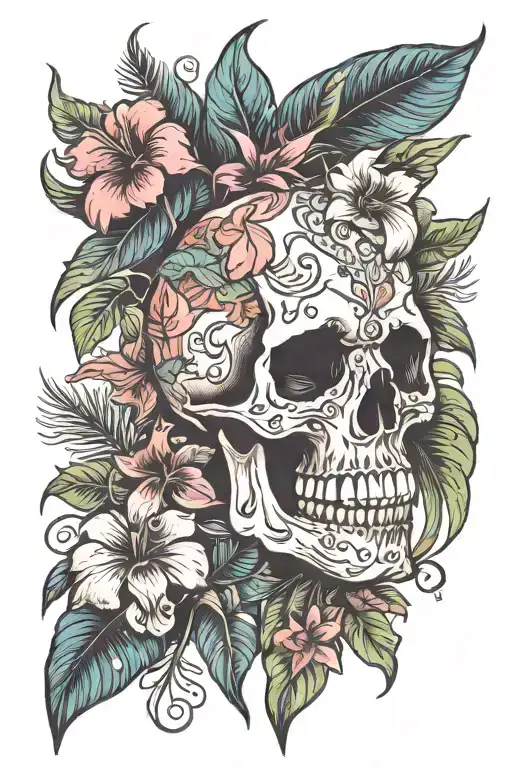 Skull And Tropical Flowers And Leaves Intertwined Symbolizing Beauty In Death