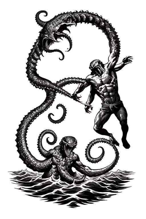 Posiden Fighting Off Kraken Reaching Towards The Heavens