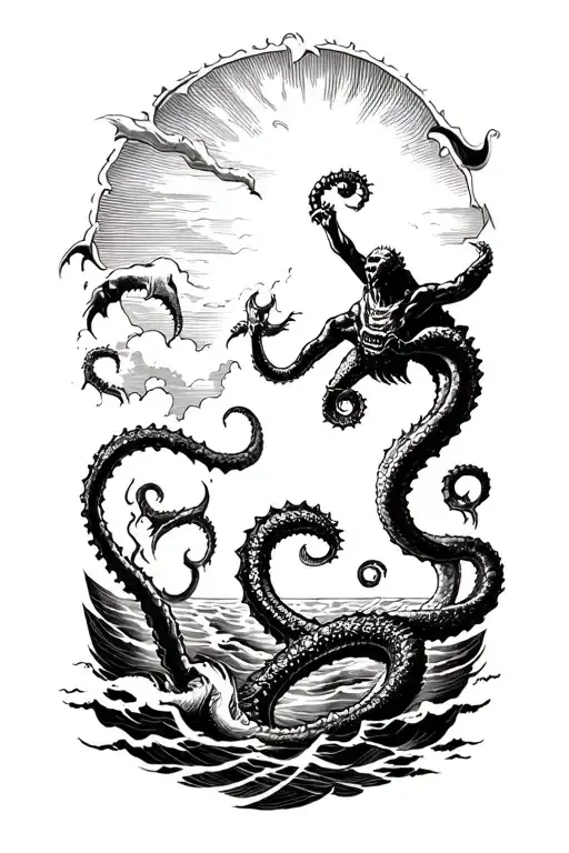 Posiden Fighting Off Kraken Reaching Towards The Heavens
