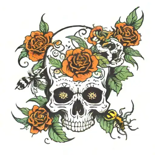 Colored Flowers But Balck And White Skull With Some Spiders And Snakes