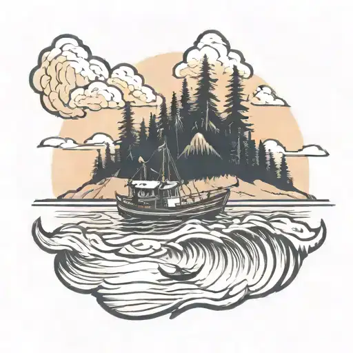 Mountain And Lake With Fishing Boat