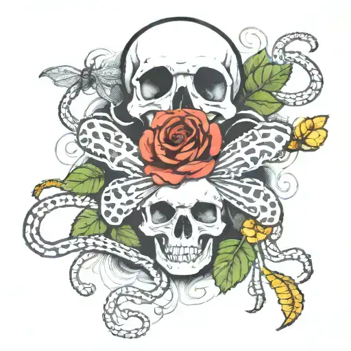 Colored Flowers But Balck And White Skull With Some Spiders And Snakes More Spiders