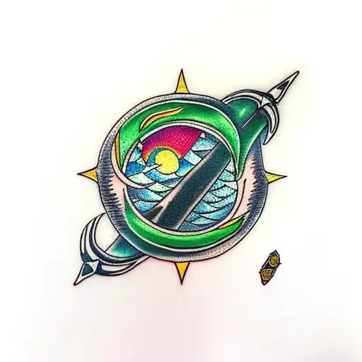 Green Crescent Moon With Swords Crossing