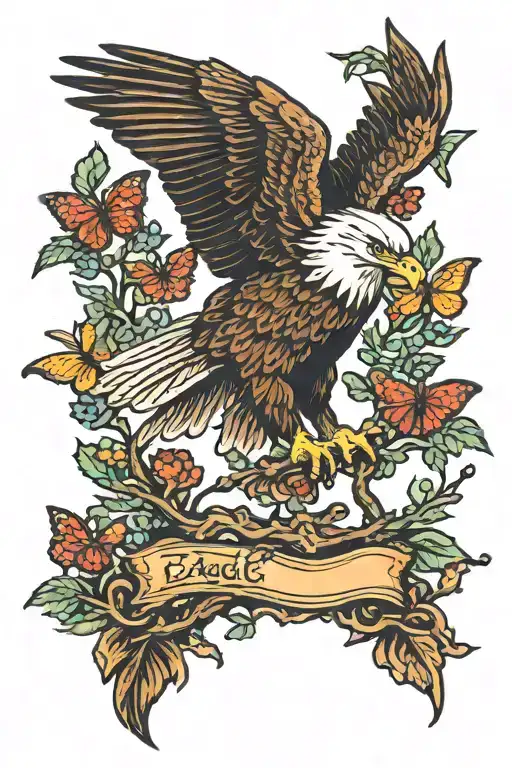Eagle Sitting On Branch With A Butterfly Flying Around It