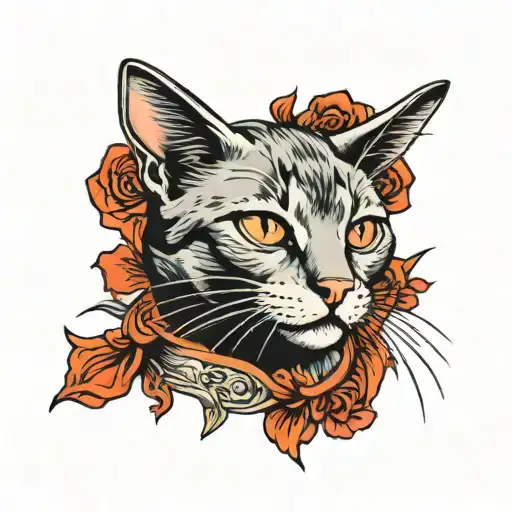 A Traditional Style Tattoo Of A Cat With A Blink-182 Tattoo On Its Ear