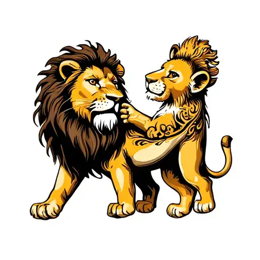 Male Lion And Lion Cub Playing