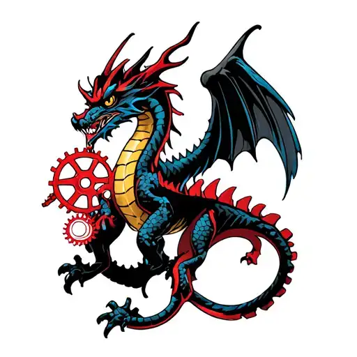 Black Dragon With Wings And Red And Blue Gears Incorporated