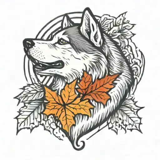 A Traditional Style Tattoo Of A Husky Head With Autumn Colored Leaves And The Northern Lights