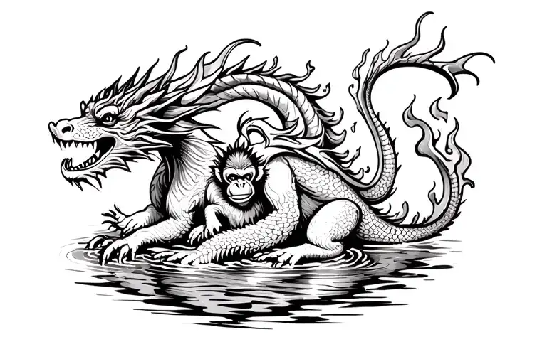 Dragon Wrapped Around Monkey In Water And Flames