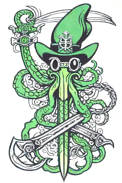 Green Squid With Eyepatch Holding Sword And Anchor