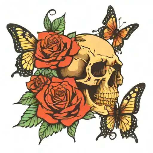 Roses And Butterflies And Skull Adorned