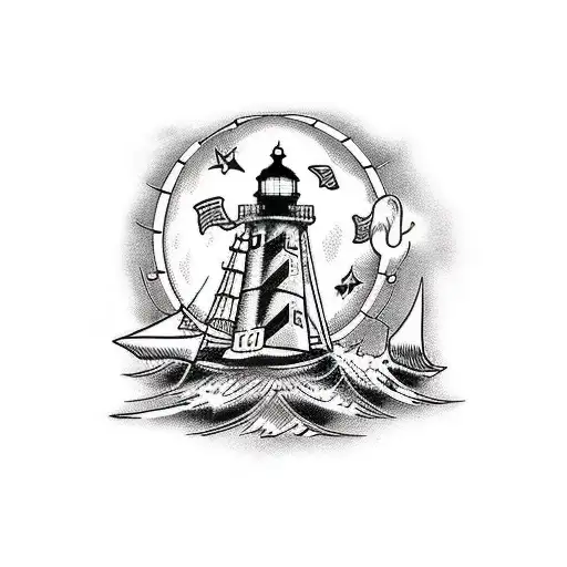 A Blackwork Tattoo Of A Lighthouse Guiding Ships At Night