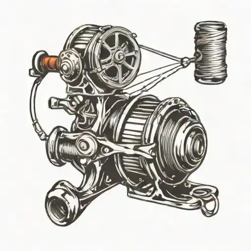 A Traditional Style Tattoo Of A Vintage Fishing Reel With A Fly Line Winding Around It