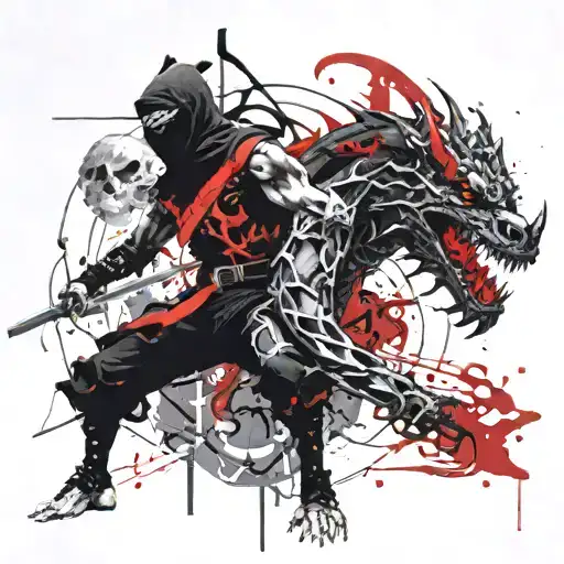 A Black Ninja And A Black Dragon Next To Him And A Skull Next To Him