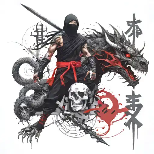 A Black Ninja And A Black Dragon Next To Him And A Skull Next To Him