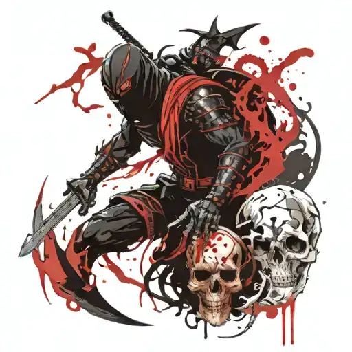 A Black Ninja With A Sword Next To A Black Dragon Next To A Skull