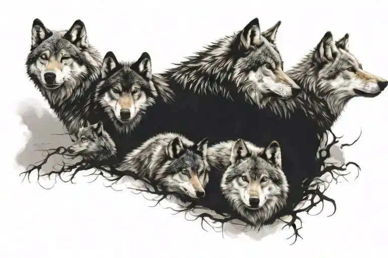 A Tattoo Design Featuring A Wolf Pack Symbolizing Your 5 Kids And Their Strength As A Unit