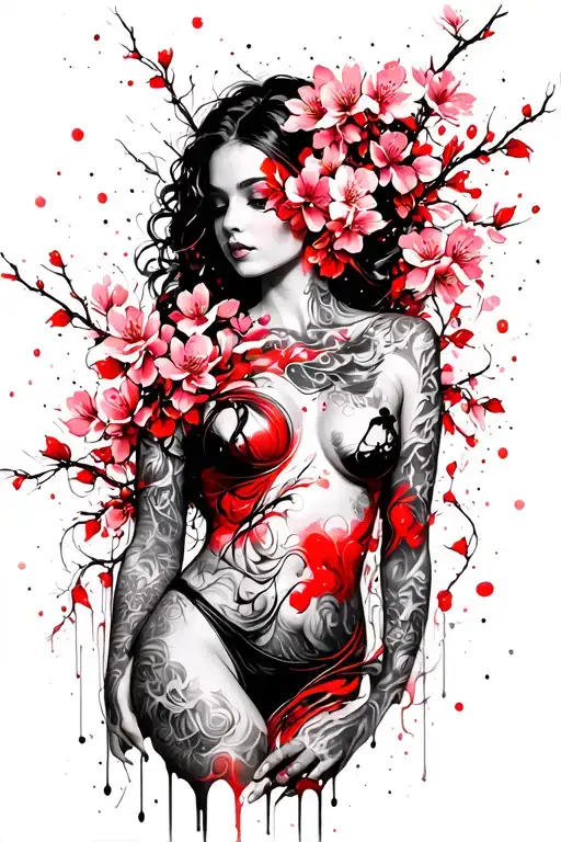Cherry Blossom Vine Intertwined Over Woman Sensual Body