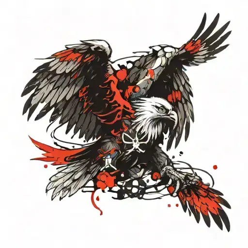 An Eagle Holding A Skeleton And Next To Them A Ninja With A Sword And A Dragon
