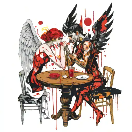 An Angel And Demon Playing Russian Roulette At A Table Facing Each Other