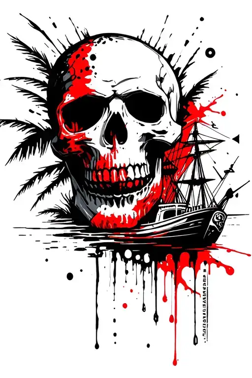Skull Ship Palm Tree Spear Fishing