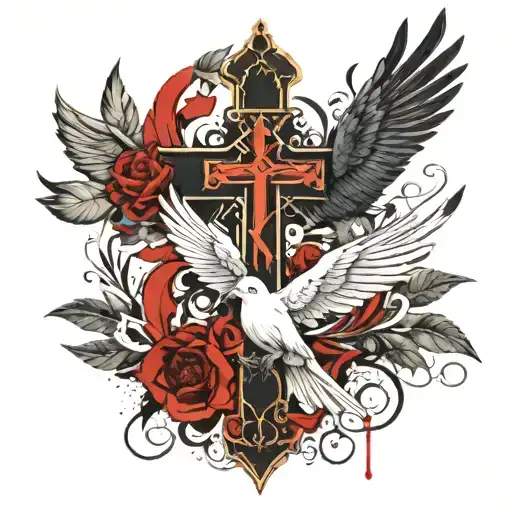 Roman Catholic Cross With Dove Hand Coming From The Heaven And An Olive Branch