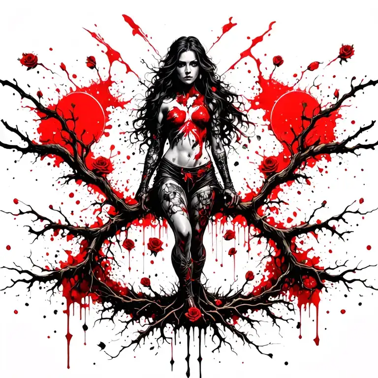 Woman Warrior With Legs Turning To Roots Reaching Deep Add Small Roses On Vine