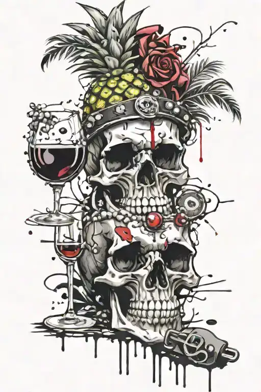 Skull That Has A Wine Glass And A Stop Sign And Beads With Handcuffs And Pineapple