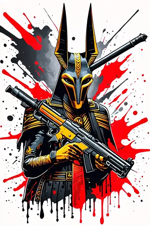 Anubis Color Tattoo With A Kalashnikov Automaton In His Hands