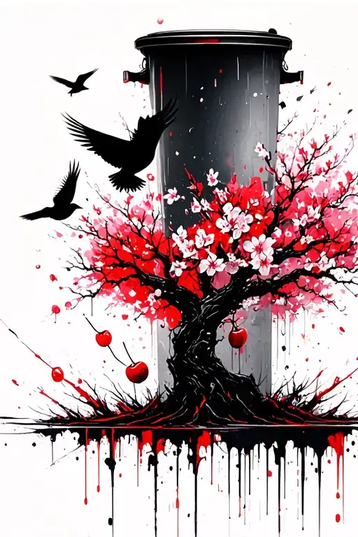 Cherry Blossom Tree With Birds Flying Away