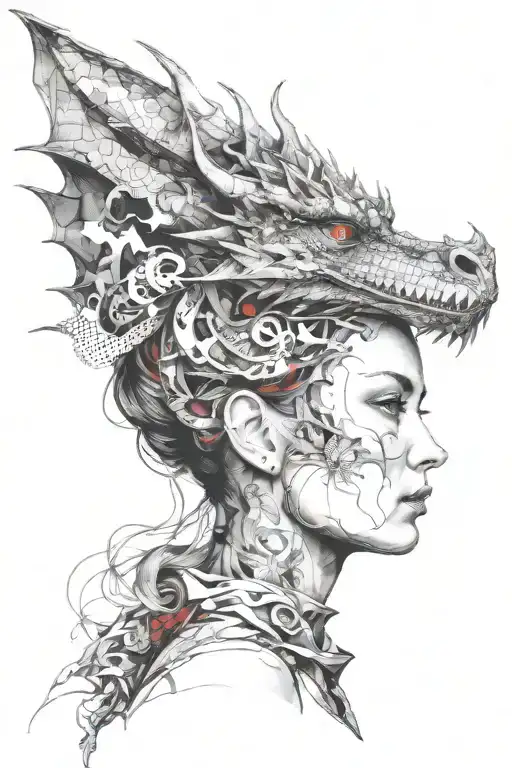 Dragon Emerging From A Woman's Head Looking Forward